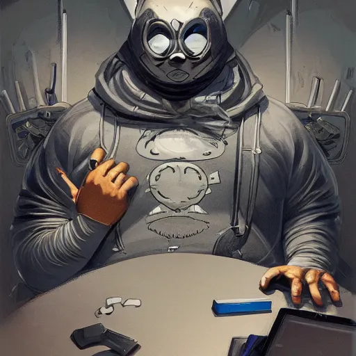 Image similar to a insanely detailed painting of a fat masked superhero wearing a costume sitting at a desk, staring at the nervously at the computer typing, in the style of peter mohrbacher, dramatic lighting and composition, trending on artstation, concept art, comic book