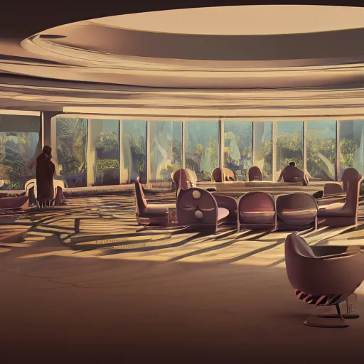 Image similar to the council of all worlds, huge 7 0 s hotel, logan's run, syd mead, retrofuture, octane render