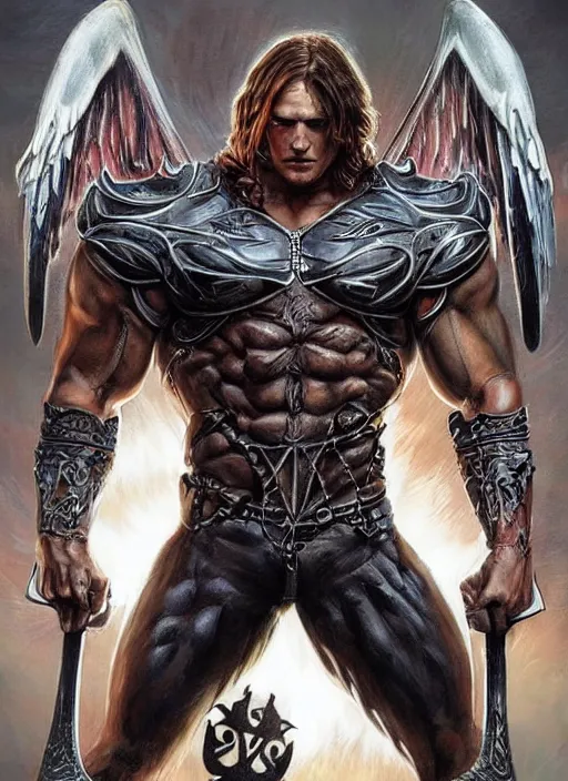 Image similar to front Sam Winchester is a muscular cyborg-angel holding swords metalic wings wide open, teared apart T-Shirt whole body tattooed with runes and satanic symbols, D&D!, fantasy style, sharp focus!, ultra detailed, art by Artgerm and Peter Andrew Jones, WLUP