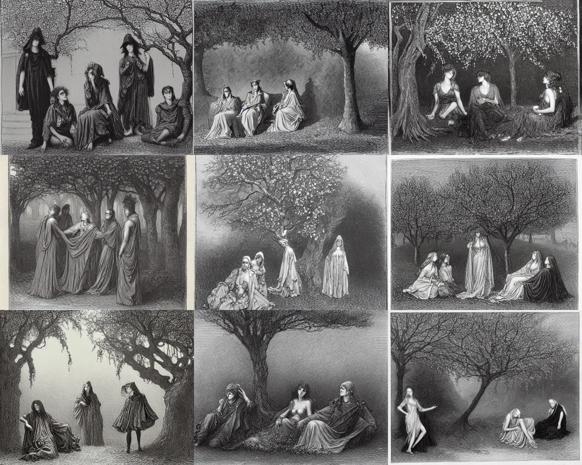 Prompt: hd art by gustave dore. three goths loitering in the shade, talking beneath a cherry tree outside a blockbuster video store.