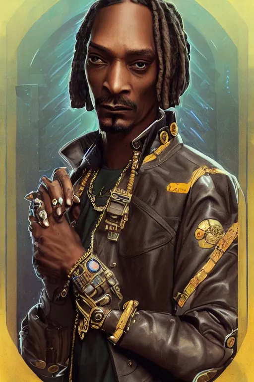 Image similar to snoop dog as a steampunk cyborg gunslinger, portrait, cyber western, neon, duster, fantasy, intricate, elegant, highly detailed, digital painting, artstation, concept art, sharp focus, illustration, art by artgerm and greg rutkowski and alphonse mucha