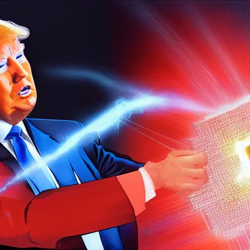 Prompt: Donald Trump shoots plasma beams out of his nanotech cybernetic arm, a plate on his arm slides back to reveal the mechanical workings on the inside