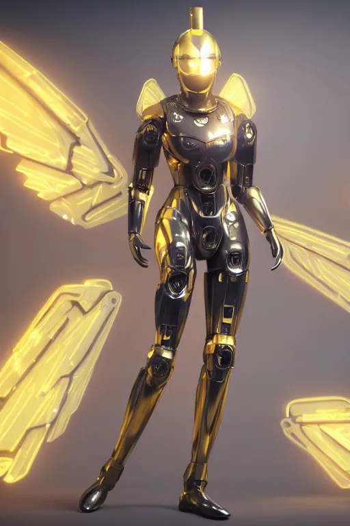 Image similar to maria of metropolis, humanoid robot, golden full body armor, deployed wings, beautiful helmet in the shape of a face, glowing yellow eyes, scifi, futuristic, raytracing, glowwave, sharp focus, cinematic lighting, artstation, divine, unreal engine 5 rendered, by fritz lang, art style by pixar warner bros dreamworks disney riot games and overwatch