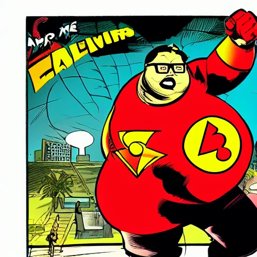 Image similar to A fat nerd as a comic book hero fighting off evil,, 4k, comic book cover