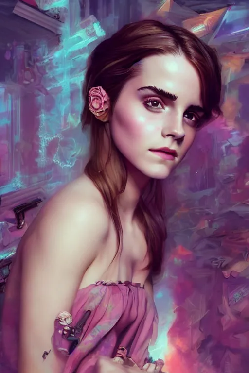 Image similar to emma watson portrait of a vaporwave girl in a cluttered 9 0 s bedroom, by artgerm, tom bagshaw, gerald brom, vaporwave!, vaporwave colors!, lo fi colors, lo fi, 4 k, hd,