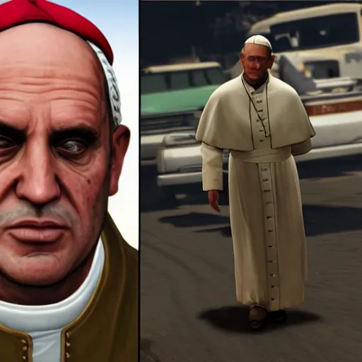 Prompt: the pope as a game character in gta 5, game graphics, game screenshot, in the style of rockstar advanced game engine