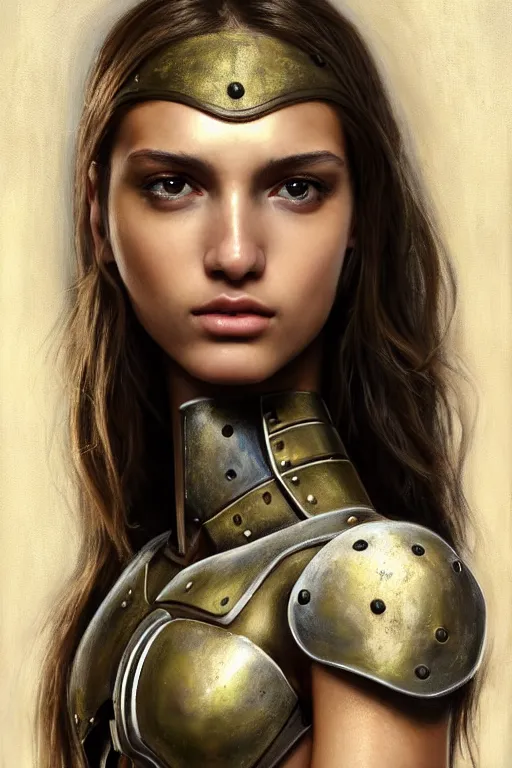 Image similar to a photorealistic painting of an attractive young girl, partially clothed in dull metal-plated battle armor, olive skin, long dark hair, beautiful bone structure, symmetric facial features, perfect eyes, intricate, elegant, slim muscular body, natural physique, digital painting, concept art, finely detailed, illustration, sharp focus, minimal artifacts, from Metal Gear, by Greg Rutkowski, in the style of Ruan Jia and Mandy Jurgens and Artgerm and William-Adolphe Bouguerea, trending on Artstation, award winning