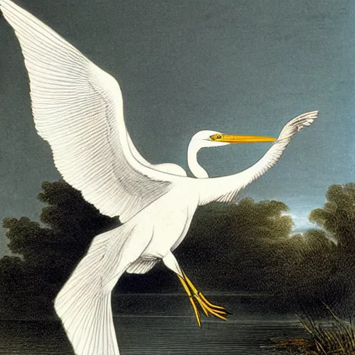 Prompt: a flying egret, by john-audubon and gustave-dore