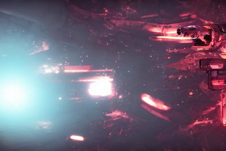 Image similar to VFX movie of a futuristic inhuman alien spacemarines in future spaceship, firing gun at space pirates detailed creature skin neon lighting by Emmanuel Lubezki