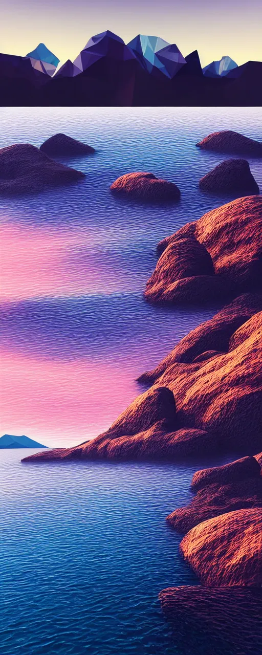 Image similar to super detailed color lowpoly art, northern sunset with rocks on front, monochrome photorealistic bay in the middle of perspective and mountains at background, big graphic ship in random point of bay, unreal engine, high contrast color palette, 3 d render, lowpoly, colorful, digital art, perspective