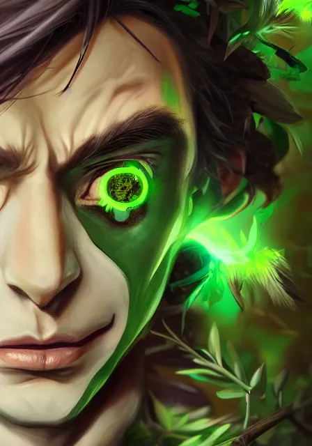 Prompt: A realistic anime portrait of a handsome dryad joker with glowing green eyes and tree bark skin wearing clothes made of leaves, digital painting, by Stanley Artgerm Lau, Sakimichan, WLOP and Rossdraws, digtial painting, trending on ArtStation, SFW version