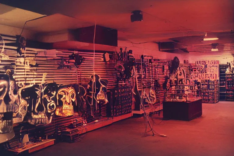 Image similar to giant metallic skull inside of a 1970s music store store, neon lights, dirty, ektachrome photograph, volumetric lighting, f8 aperture, cinematic Eastman 5384 film