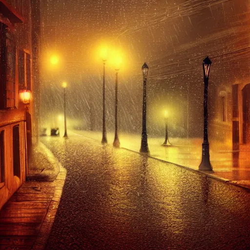 Prompt: a cute orange tabby cat with green eyes on an old street, it is night and raining, street lamps are illuminating the street, moody lighting, peaceful atmosphere, digital art, highly detailed, high contrast, beautiful lighting, award winning, trending on art station, 8 k,