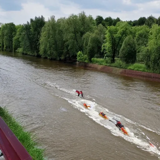 Prompt: odra river running with blood and animal organs, high quality, informative press report photo 1 / 8 f