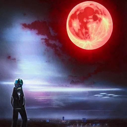 Prompt: surreal, nuclear blast and a full red moon eclipse, cyberpunk, art by bryen frost