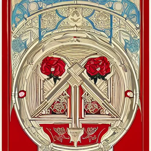 Image similar to symmetrical mural painting from the early 1 9 0 0 s in the style of art nouveau, red curtains, art nouveau design elements, art nouveau ornament, scrolls, flowers, flower petals, rose, opera house architectural elements, mucha, masonic symbols, masonic lodge, joseph maria olbrich, simple, iconic, masonic art, masterpiece