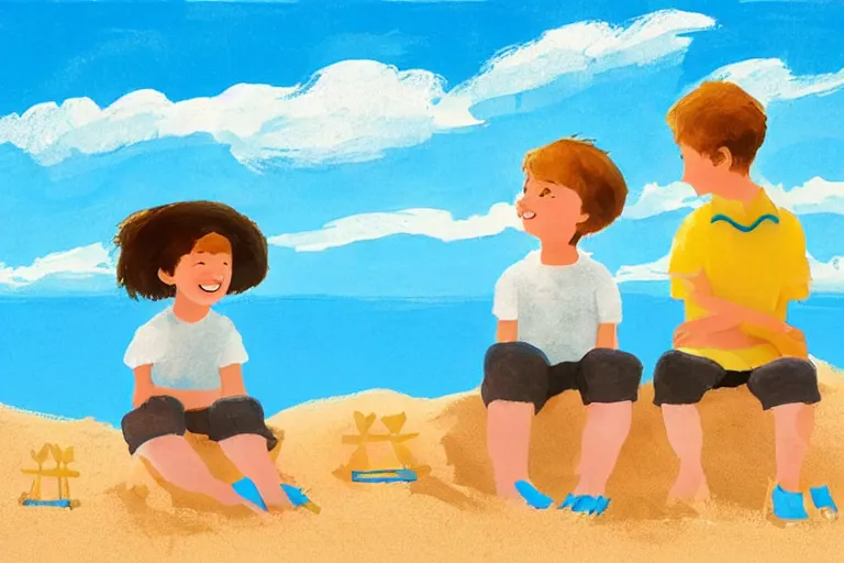 Image similar to Two happy children sitting on the beach making sandcastles, blue sky, HD, concept art, illustration by Benji Davies