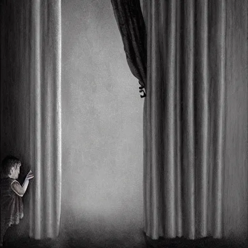 Image similar to Curtain Ghost by Mark Arian, dark, horror, surrealism, horror scene of a child staring outside the window. Screaming for help by Santiago Caruso, Stefan Koidl and Kentaro Miura