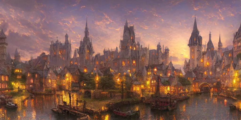 Prompt: beautiful medieval city by thomas kinkade, featured on artstation