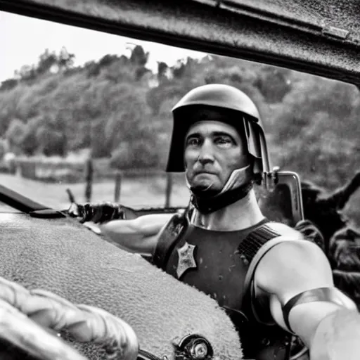 Prompt: a roman soldier taking a selfie inside of a car.