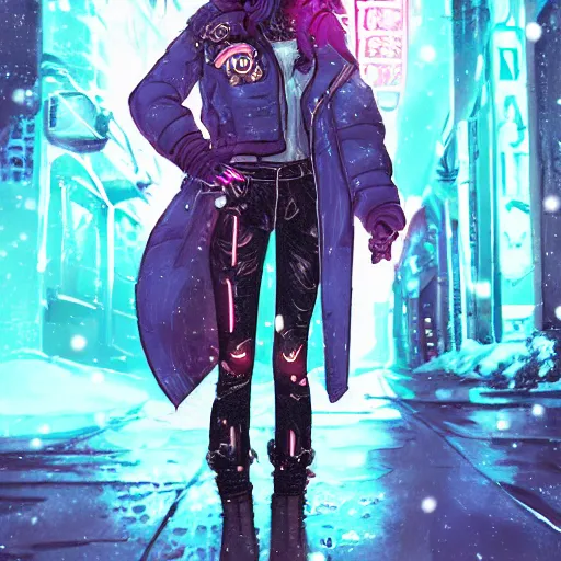 Image similar to beautiful furry art portrait commission of a female furry anthro wolf fursona wearing punk clothes in the streets of a cyberpunk city at night in the snow. neon signs. character design by rick griffin, miles df, charlie bowater, ross tran, detailed, inked, western comic book art