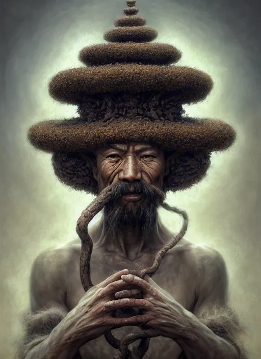 Image similar to monk with roots all over his face and a bonsai hat, intricate, rim light, extremly detailed digital painting, by tomasz alen kopera, james jean and fenghua zhong, highly detailed, art, cinematic lighting, very coherent, hyper realism, high detail, 8 k