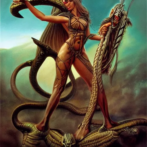 Image similar to illustrated by Boris Vallejo and H.R. Giger | Beautuful portrait of a warrior-girls with snakes and demons surronded