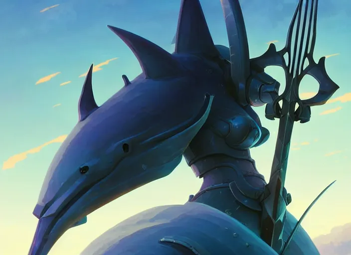 Image similar to close up of a mech armor witch holding a trident, extremely beautiful and aesthetic and detailed cute face and body, back shark fin, big wave horizon, specular reflection, occlusion shadow, dynamic pose, slightly smiling, blue sky, big blade whale and black giants minotaurus, fantasy illustrations, by makoto shinkai and peter mohrbacher and ferdinand knab