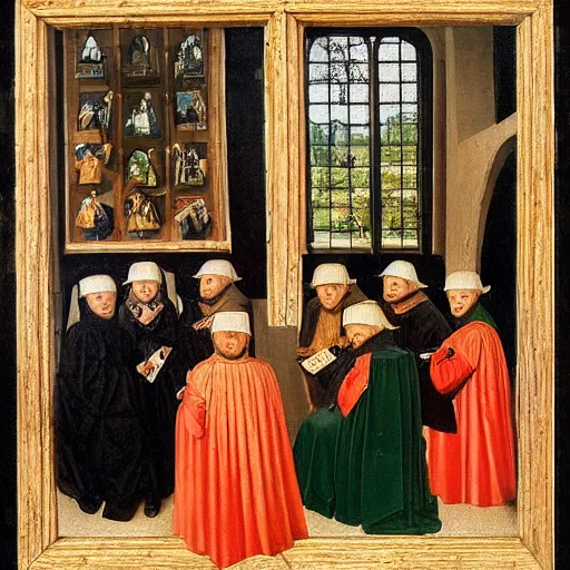 Prompt: A group of people on their smartphones, clearly-defined smartphone, in the style of Jan van Eyck