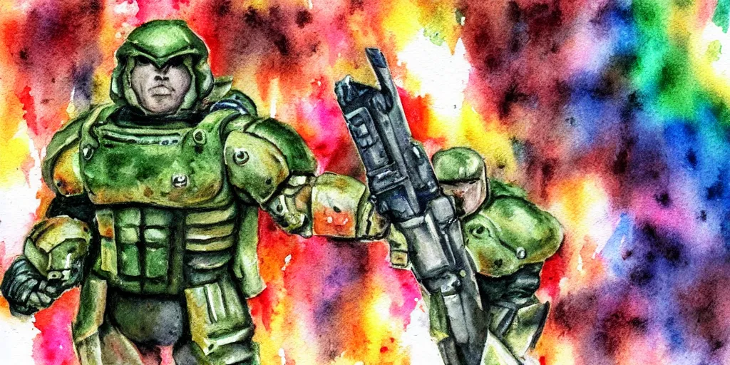 Prompt: doomguy watercolor art pastel colors pergament paper