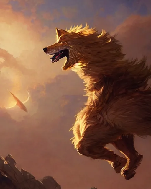 Prompt: '' Illustration of giant gold wolf running through the sky following the moon, league of legends, LOL, fantasy, d&d, digital painting, artstation, concept art, sharp focus, illustration, art by greg rutkowski and alphonse mucha ''