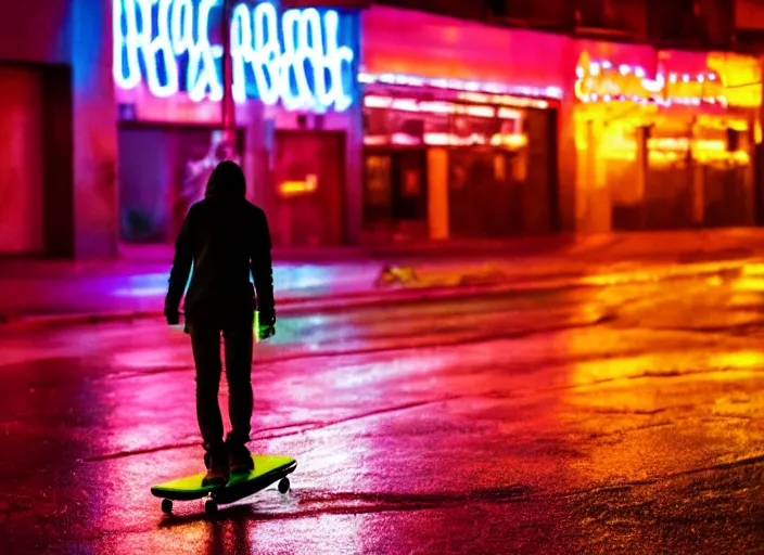 Image similar to a person skateboards through an empty neon town in the rain, colored gel lighting, reflective surfaces, midnight, portra, film grain, reminiscent of blade runner