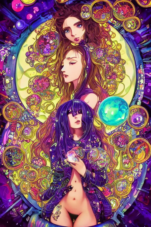 Image similar to psychedelic, acid trip, intricate, highly detailed, anime, 4k, beautiful seductive slime girl holding a huge orb containing the universe, with professional makeup, long trippy hair, surrounded by gems, underneath the stars, trending on patreon, deviantart, twitter, artstation, volumetric lighting, heavy contrast, by artgerm and Ilya Kuvshinov and alphonse mucha, interstellar galaxy