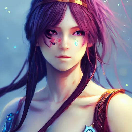 Image similar to a beautifull female warrior, character art portrait, fantasy style clothing, anime key visual, official media, illustrated by wlop, extremely detailed, 8 k, trending on artstation, cinematic lighting, beautiful