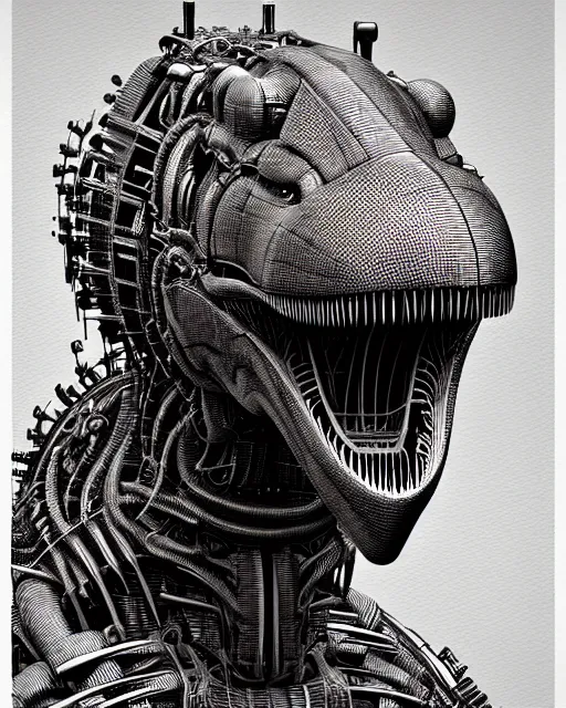 Prompt: mechanical robot trex transformer dinosaur head, bold line symmetrical illustration by peter gric, hr giger, kim jung gi, joe fenton, scifi, screen print, art station, zbrush, sharp, high contrast, ultrafine hyper detailed,