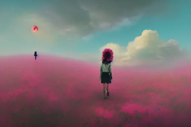 Image similar to giant dahlia flower crown head, girl walking on mountain, surreal photography, pink storm clouds, dramatic light, impressionist painting, digital painting, artstation, simon stalenhag
