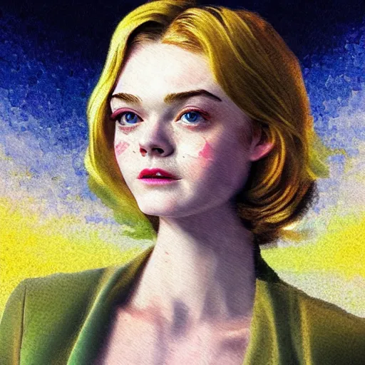 Image similar to professional painting of Elle Fanning in Fallout 3 in the style of Henri-Edmond Cross, head and shoulders portrait, symmetrical facial features, smooth, sharp focus, illustration, intricate, stormy weather, extremely detailed masterpiece,