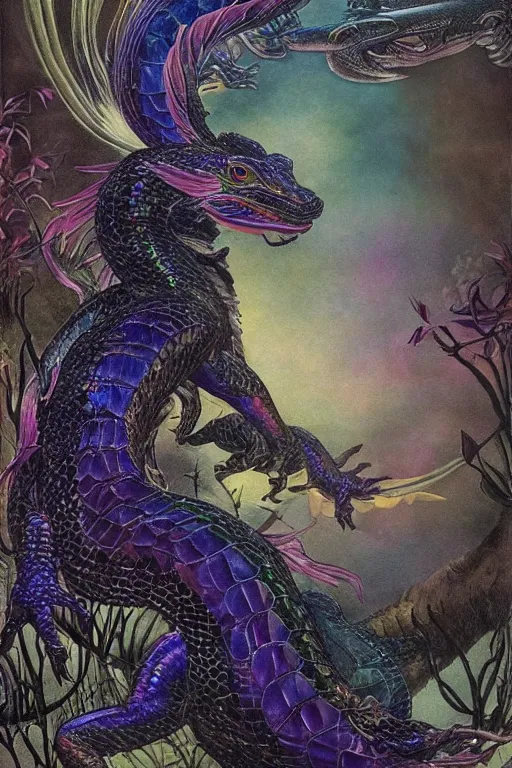 Prompt: beautiful iridescent black dragon with the moonlight shining on its scales | bejeweled lizard | cinematic lighting | Evelyn De Morgan and John Waterhouse | pre-Raphaelites | rich colors