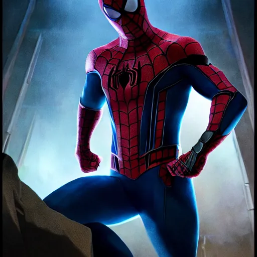 Image similar to ryan reynolds as spider - man, wearing a black and blue suit, cinematic, volumetric lighting, f 8 aperture, cinematic eastman 5 3 8 4 film, photorealistic by greg rutkowski, by stanley artgerm, by alphonse mucha