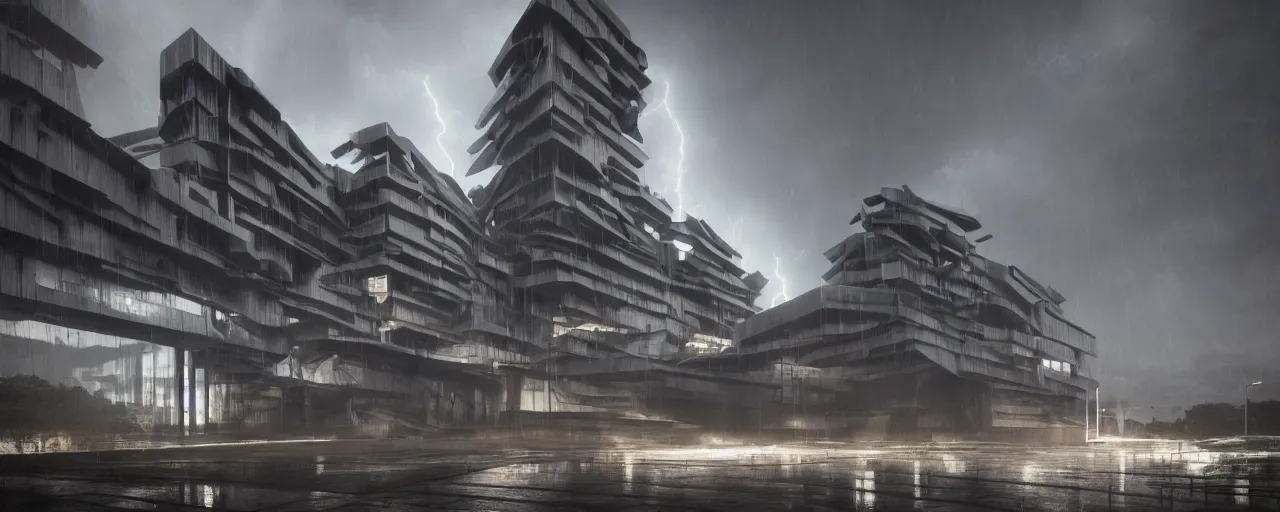 Image similar to brutalist architecture, metal, concrete, mist, rain, night, dramatic lighting, lightning bolt, trending on Artstation, 8k, highly realistic, hyper detailed, unreal engine 5, IMAX quality, photorealistic, cinematic, epic lighting, in the style of Zaha Hadid