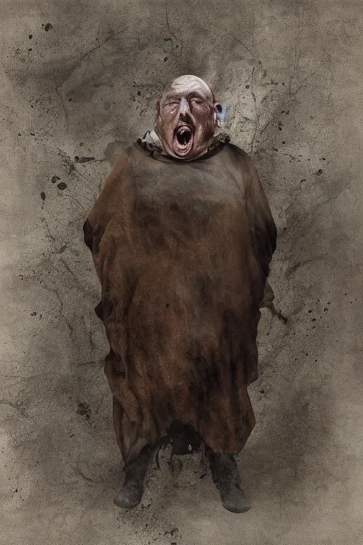 Image similar to a obese gray sniveling rat person wearing a decaying brown cloak, color painting by michal karcz