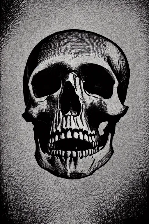 Prompt: art by brian reedy, a beautiful black ink linocut print of a human skull, 8 k, frostbite 3 engine, cryengine, ground level shot, dof, trending on artstation, digital art, crepuscular ray