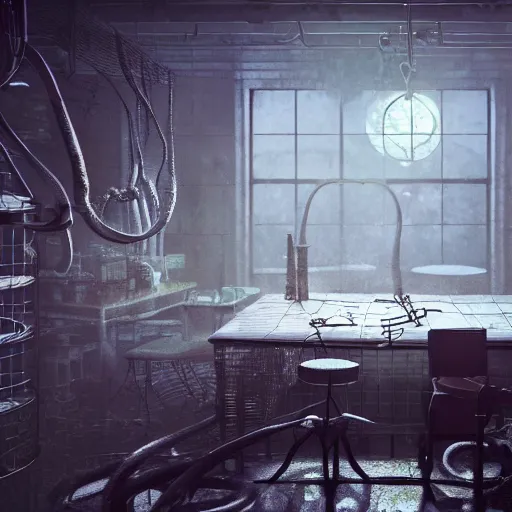 Prompt: of a industrial environmnet, alchemist's laboratory, sun roof with the moonlight lighting the room, messy tabletops, cages hanging from the ceilling with octopuses on them, mad scientist, frankenstein vibes, octane render, realistic, volumetric lighting, 4 k, 1 6 mm lens, f 2. 8, cinematic framing