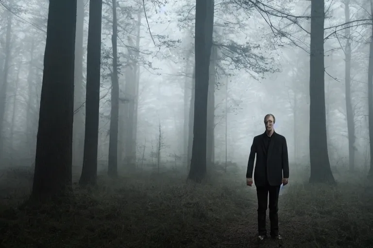 Prompt: a cinematic headshot portrait of a skinny evil male scientist, in a spooky forest, fog, portrait, portrait, portrait, shrubbery, 8 k, detailed, backlight, deep focus, movie still, moody lighting, by werner herzog