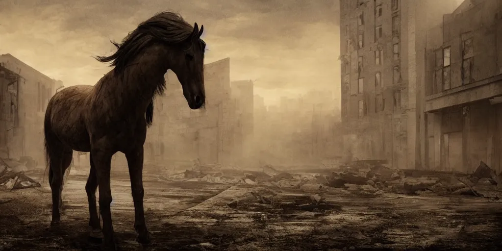 Image similar to horse standing alone in an abandoned courtyard of a destroyed city, moody atmosphere, fog, sunset, cinematic, style of Steven Spielberg, wide angle lens, artstation trending, highly detailed,