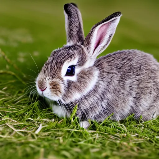 Prompt: Photo of a dwarf rabbit laying down on grass, realism, very detailed, photo by Nick Nichols