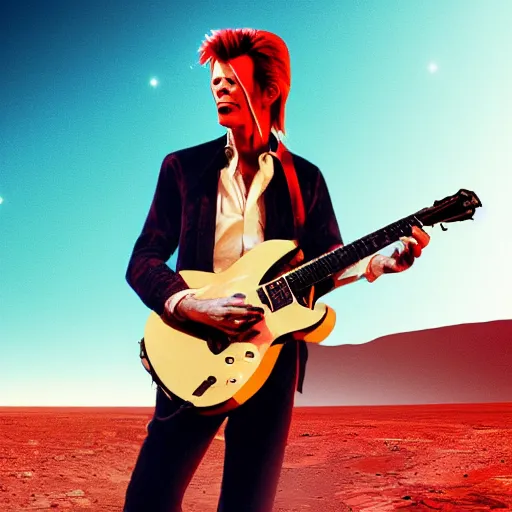 Prompt: David Bowie playing the guitar on Mars, digital art, 4K