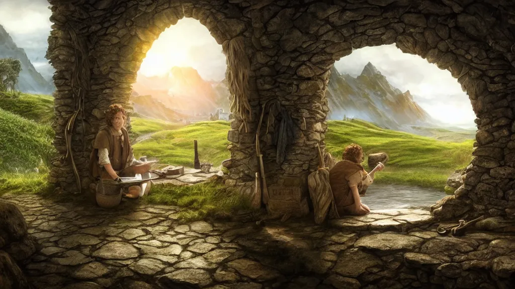 Prompt: frodo writing in his journal inside his hobbit hole bag end at the end of his journey, hobbiton visible through a window, by alan lee, michal karcz, smooth details, lord of the rings, game of thrones, smooth, detailed terrain, oil painting, trending artstation, concept art, fantasy matte painting, over the shoulder shot