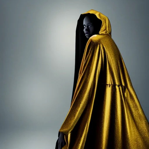 Image similar to a portrait of a young black woman wearing a long dark cloak, hood and shadows covering face, wearing shiny gold, oil painting, matte painting, black background, Volumetric Golden dappled dynamic lighting, Highly Detailed, Cinematic Lighting, Unreal Engine, 8k, HD, by Beksinski