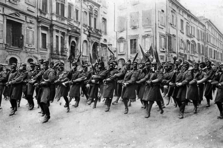 Image similar to occupying army marching through italian - style city, 1 9 0 5, black and white photography